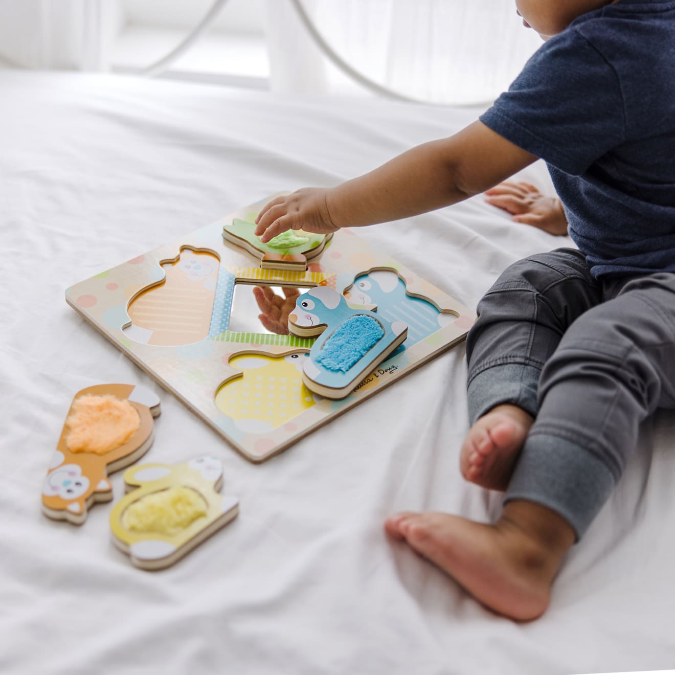 First Play Wooden Touch and Feel Puzzle Peek-a-Boo Pets With Mirror - Image 5